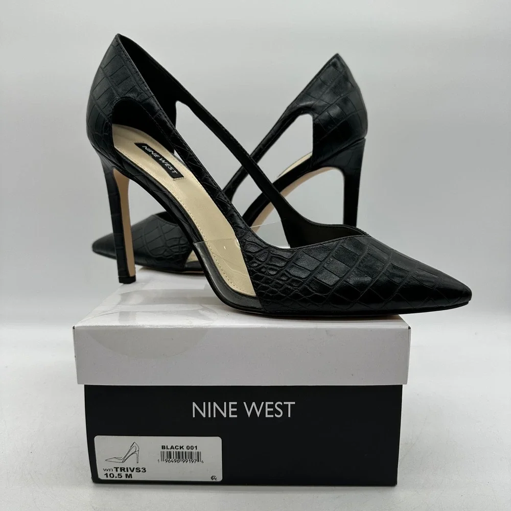 Nine West Womens 10.5 Trivs3 Black‎ Croc Pointed Toe Clear Panel Stiletto Pumps